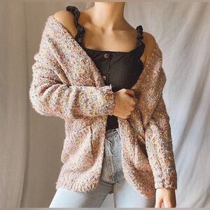 Sienna Sky Pink Multicolor Speckle Knit Grandpa Cardigan Sweater Size L Large